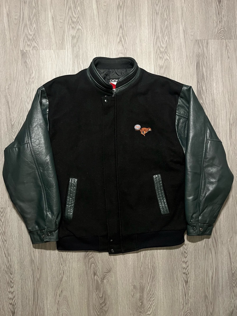 90s Esso Oil gas Tiger Wool leather full zip button varsity bomber jacket XL